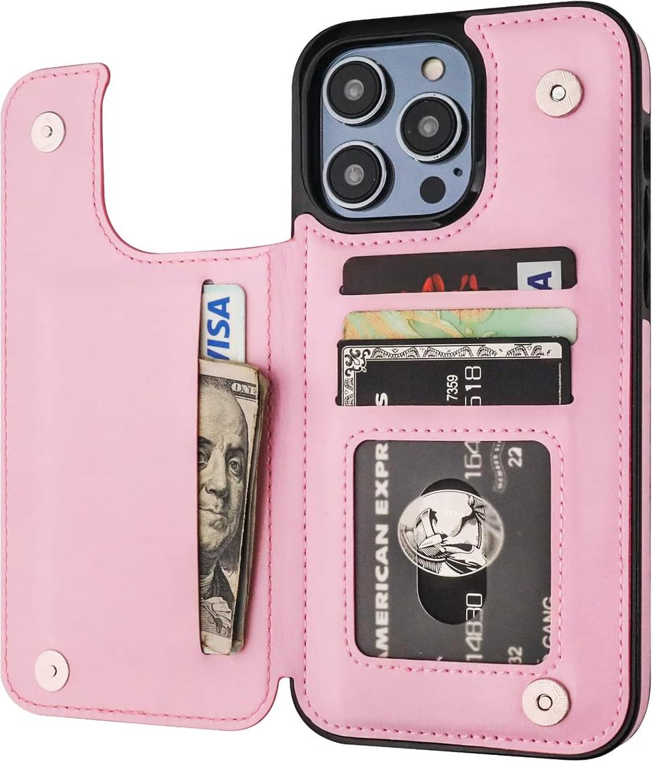 ONETOP Compatible with iPhone 14 Pro Max Wallet Case with Card Holder, PU Leather Kickstand Card Slots Case, Double Magnetic Clasp and Durable Shockproof Cover 6.7 Inch (Pink)