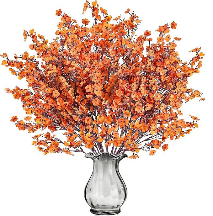 15 Pcs Babys Breath Artificial Flowers Gypsophila Bouquets Bulk Real Touch Fake Silk Flowers for Home DIY Floral Arrangement Table Centerpiece Fall Autumn Decoration (Fall Orange)