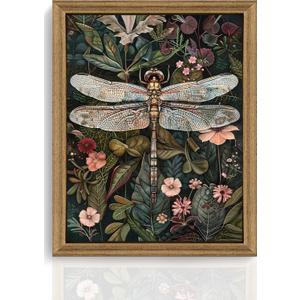 ICHZUMW William Morris Vintage Dragonfly Canvas Wall Art Framed, Green Botanical Wall Decor Pictures for Bedroom Living Room, Colorful Nature Painting Artwork Prints, Rustic Home Decorations, 8x10in (10L" x 8W")