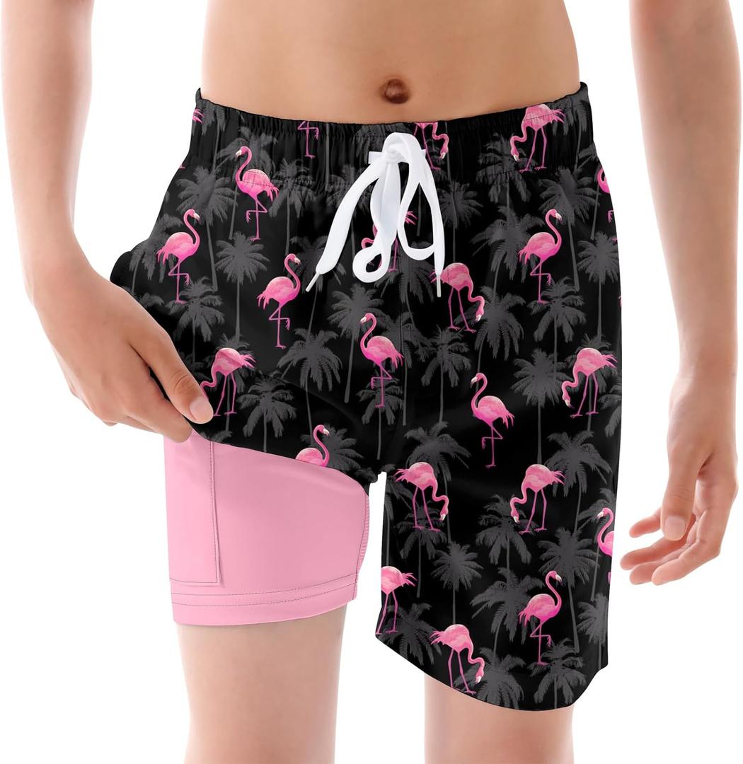 westwolf Boys Swim Trunks with Compression Liner Kids Bathing Suit 6-18 Years Swimwear (Black)