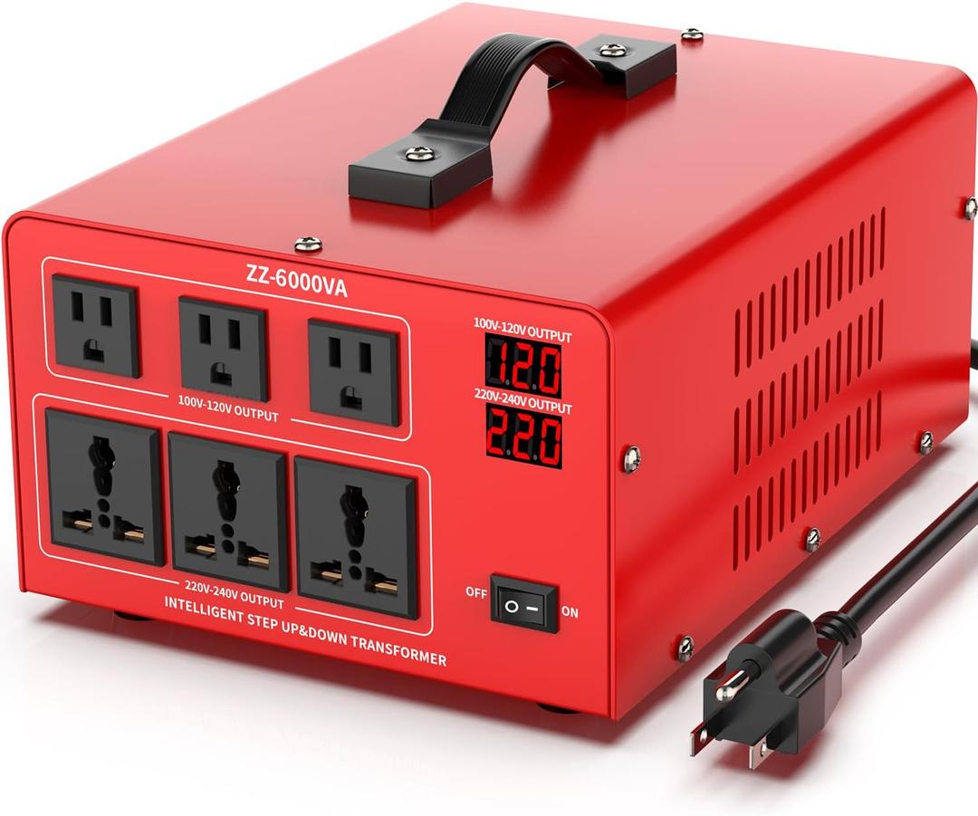 6000W Heavy Duty Voltage Converter Transformer Step Up 110V to 220V & Step Down 220V to 110V, Auto Input Recognition, 3 US & 3 Universal Outlets, LCD Display, Circuit Breaker for Travel & Home