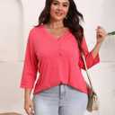 IRISGOD Womens Plus Size Tops V Neck 3/4 Sleeve Casual T Shirts Loose Plain Tunic Tees (XL)