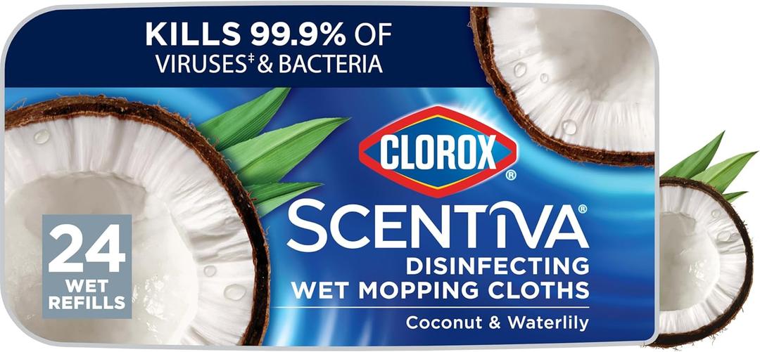 Clorox Scentiva Disinfecting Wet Mopping Cloths, Coconut and Waterlily, 24 Refills, Coconut and Waterlily
