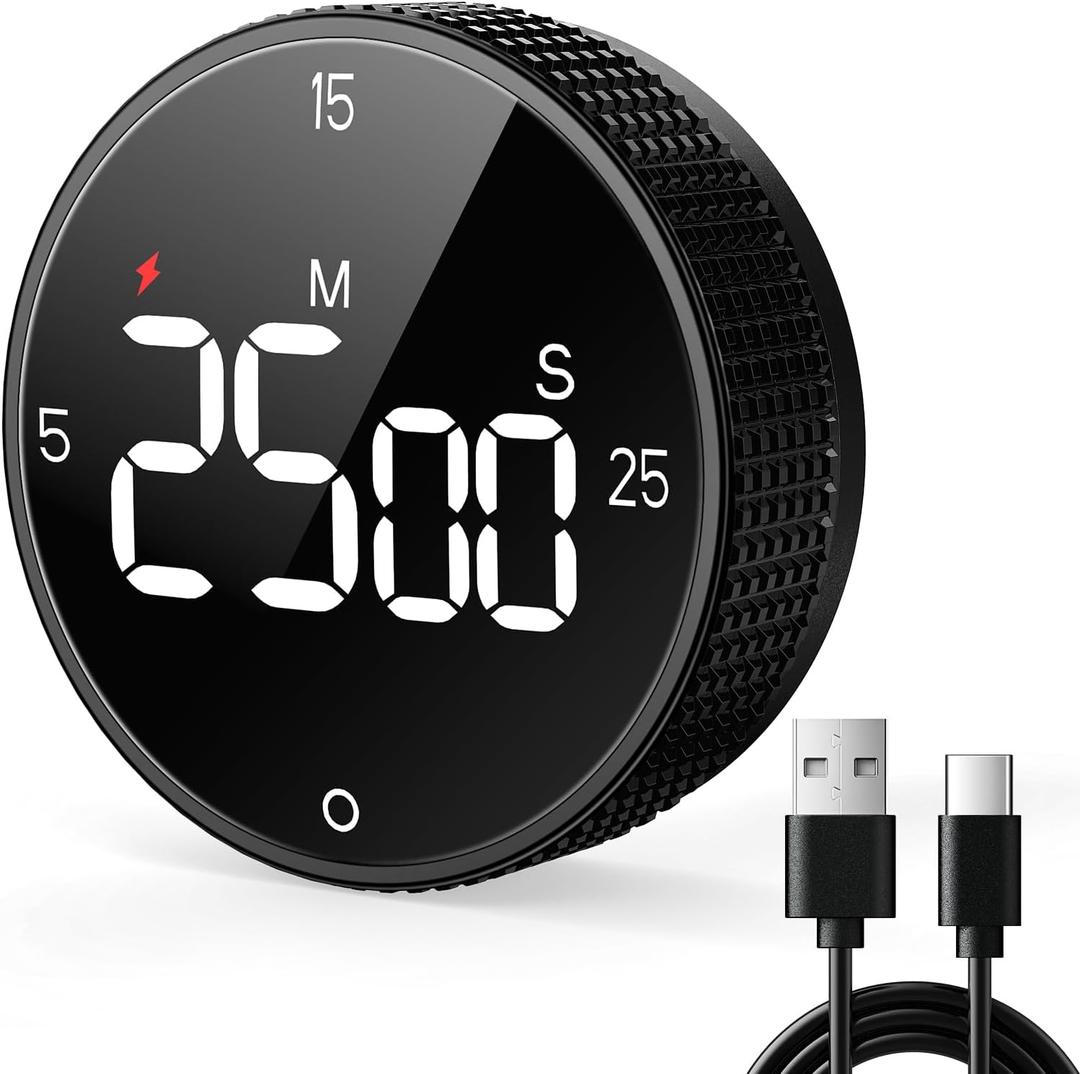 Rechargeable Magnetic Kitchen Timer for Cooking, Building 800mAh Battery Large Display Digital Countdown Countup Timer, 3 Preset 5/15/25 Mins Loud Alarm for Baking Grilling Studying