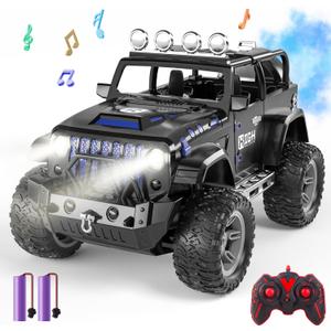 1:16 Remote Control Car with Spray, Lights and Sound, 2.4GHz Remote Control Jeep for Kids, All Terrain Off-Road Jeep RC Car Toys Gift for Boys and Girls