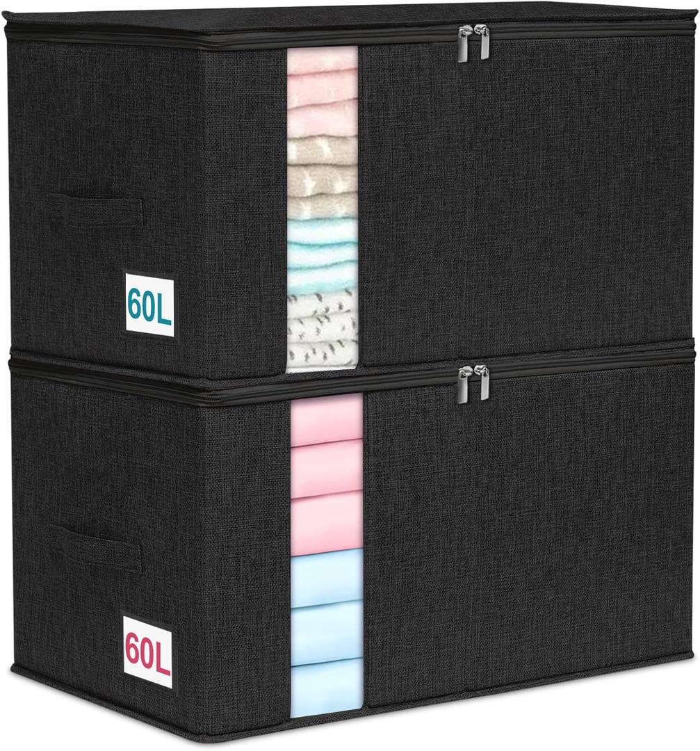 punemi 2 Pack Clothes Storage, Sturdy Blanket Storage Bags with Side Bottom Support, Storage Containers for Organizing Bedroom Closet Clothing Comforter, Organization and Storage W/Lids Handle,Black