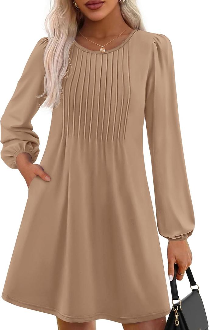 PRETTYGARDEN Fall Dresses for Women 2026 Long Sleeve Mini Short Flowy A Line Casual Holiday Party Tunic Dress Fashion Clothes (Beige, Medium)