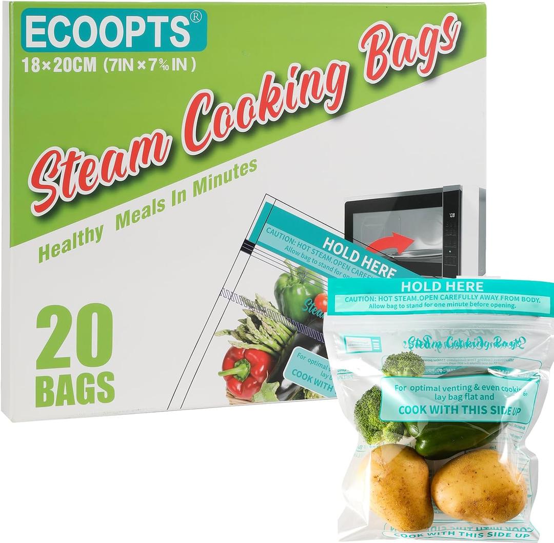 20 Steam Cooking Bags Microwave Steamer Bags for Vegetables, Potatoes and Meat (20, Medium)