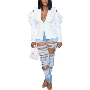 DINGANG Women's Casual Blazers Open Front Puff Sleeve Work Office Jackets Blazer (White) S