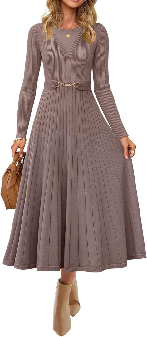 ZESICA Women's Long Sleeve Midi Sweater Dress 2026 Fall Crewneck Knit A Line Pleated Flowy Long Dresses with Belt, Khaki, Large