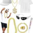 Maiteenly 8 Pcs Hip Hop Rapper Costume Kit 2000s 80s 90s Accessories Outfit for Men Women Adult M