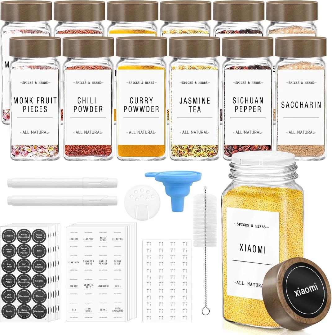 ZEHIQ 12Pcs Glass Spice Jars with Acacia Wood Lids, 4 oz Square Seasoning Containers with Labels, Seasoning Jars with Shaker Lids, Chalk Pen, Funnel, Cleaning Brush, Spice Bottles for Cabinet, Drawer