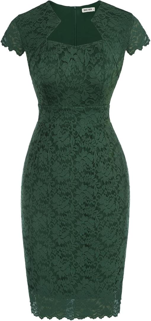 GRACE KARIN Cocktail Dress for Women Cap Sleeve Lace Dress for Wedding Guest Business Casual Dresses (Medium, Dark Green)
