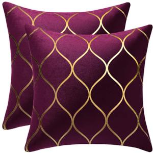 Gold Velvet Throw Pillow Covers Purple: 2 Pack 24x24 Inch Square Decorative Pillow Cases for Bedroom Sofa Couch Living Room