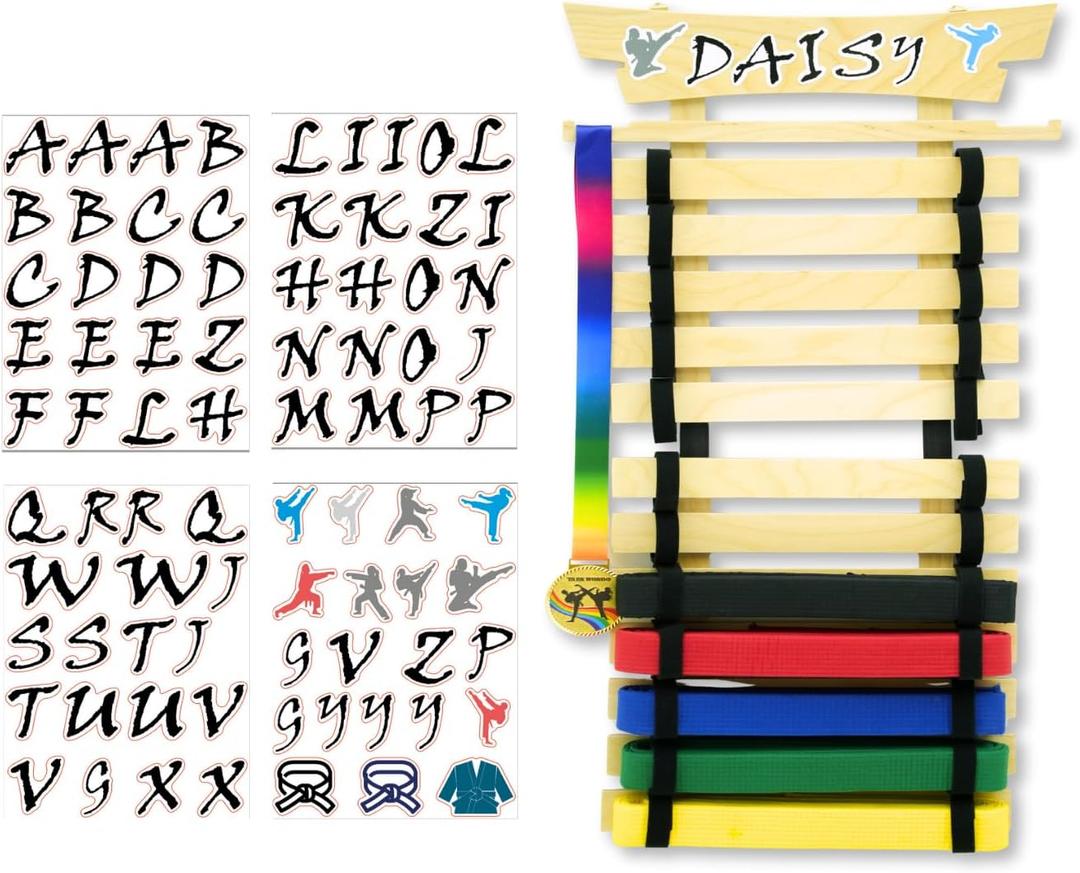 12 Belts Karate Belt Display Rack, Wooden Wall Mounted Martial Arts Belt Holder with Letter Stickers, Taekwondo Belt Organizer for Kids & Adults
