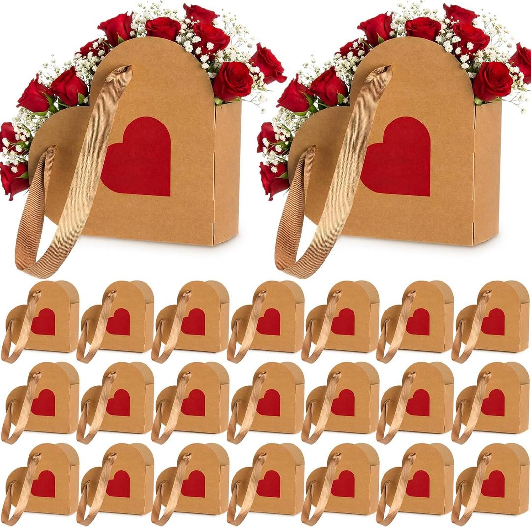 Glenmal 24 Pcs Mother's Day Heart Shaped Flowers Boxes with Handles Empty Kraft Paper Wrap Floral Gift Boxes Bouquet Storage for Wedding Parties