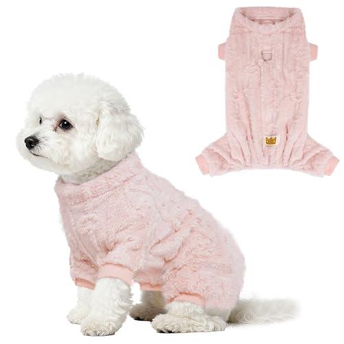 Topbuti Plush Dog Pajamas for Small Dogs Cats, Dog Sweater with Leash Ring Ultra Soft Warm Pet Clothes Puppy Onesie Outfits Doggy Pjs Jumpsuit for Winter Christmas (Pink, X-Large)