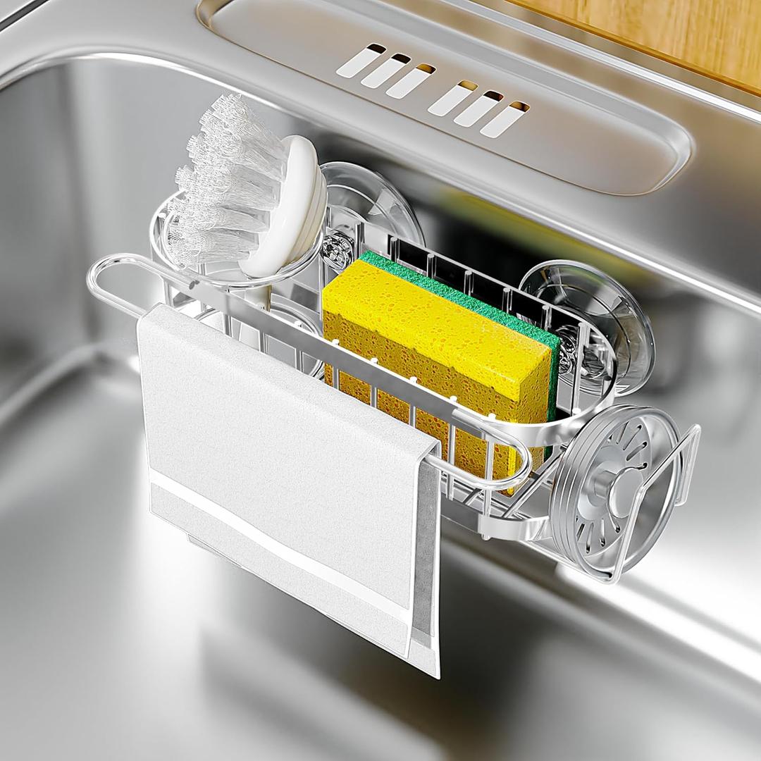 Cisily Kitchen Sink Caddy Sponge Holder in The Sink, Stainless Steel Kitchen Sink Organizer, Brush Holder, Dish Cloth Hanger, Sink Stopper Holder with 2 Installation Ways, Suction & Adhesives, Silver