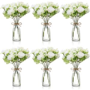 Thiccywoov 19 Pack Artificial Peony Flowers with Vase Bulk, 12 Bundles Faux Peony Bouquet 6 Vase with 1 Rope Silk Flower Arrangement Wedding Table Centerpiece for Wedding Bridal Shower(White)