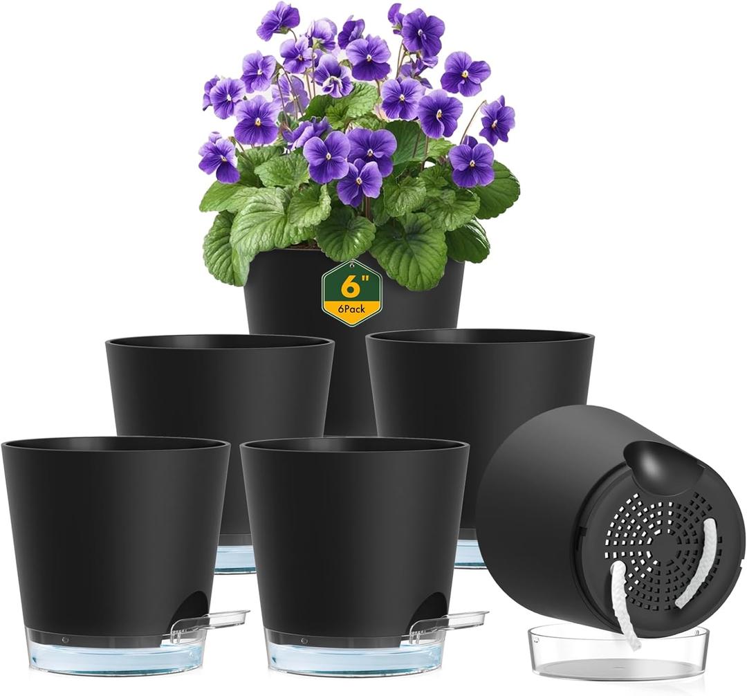 Meowell 6 inch Self Watering Pots for Indoor Outdoor Plants, 6 Pack Flower Plant Pots with Drainage Holes and Clear Reservoirs, Visible Water Level, Plastic Planters with Wicking Rope, Black