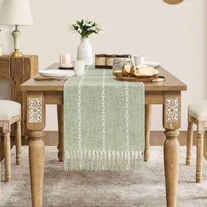 ZeeMart Farmhouse Table Runner - Rustic Linen Boho 36 Inches Long, Braided Striped Green for Dining Party Holiday, 15x36 Inches, Desert Sage