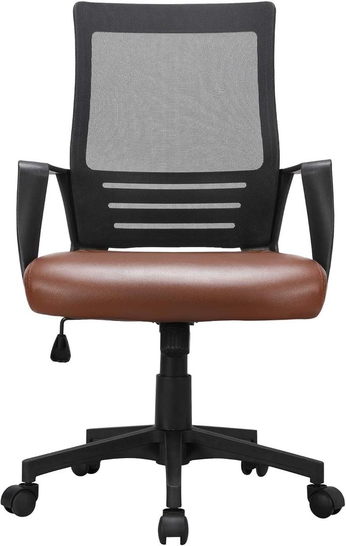 Yaheetech Mid Back Mesh Office Chair with Leather Seat Executive Office Computer Task Chair with Armrests and Lumbar Support, Brown