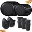 LIYH 24 Pcs Black Wheat Straw Dinnerware Sets, Unbreakable Plates and Bowls Set Plastic Dinnerware Set Include Wheat Straw Plates, Bowls, Cups, Dishes for Kitchen& Camping, 24Pcs(6 Guests)