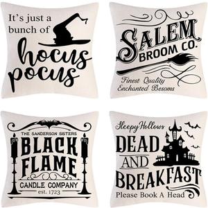 PSDWETS Halloween Decor Throw Pillow Covers Set of 4 Halloween Decorations Hocus Pocus Farmhouse Saying Fall Pillow Covers 18 x 18 Inches for Home Couch (Cream)