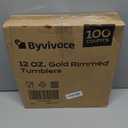 Byvivace 12oz Clear Plastic Cups with Gold Rimmed Sturdy & Food Safe Disposable Wine Glasses Wedding Cups Party Cups Plastic Cocktail Glasses for Wine, Juice, Cocktails and Cold Beverages [100 Pack]