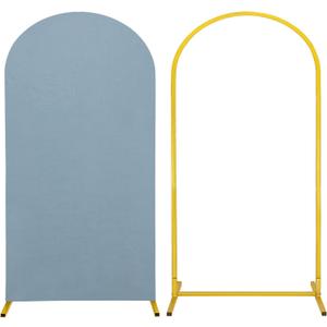 Metal Arch Stand and Cover Set,1 Dusty Blue Spandex Fitted Backdrop with 1 Gold Wedding Arched Stand Frame for Parties Birthday Baby Shower Bridal Banquet Decoration (6.6FT)