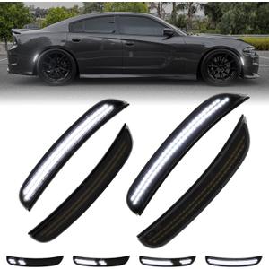 Dynamic White LED Side Marker Lights for Dodge Charger 2015 2016 2017 2018 2019 2020 2021 2022 2023 2024, Smoked Lens Front Rear Charger Bumper Reflector Lamp, 4PCS