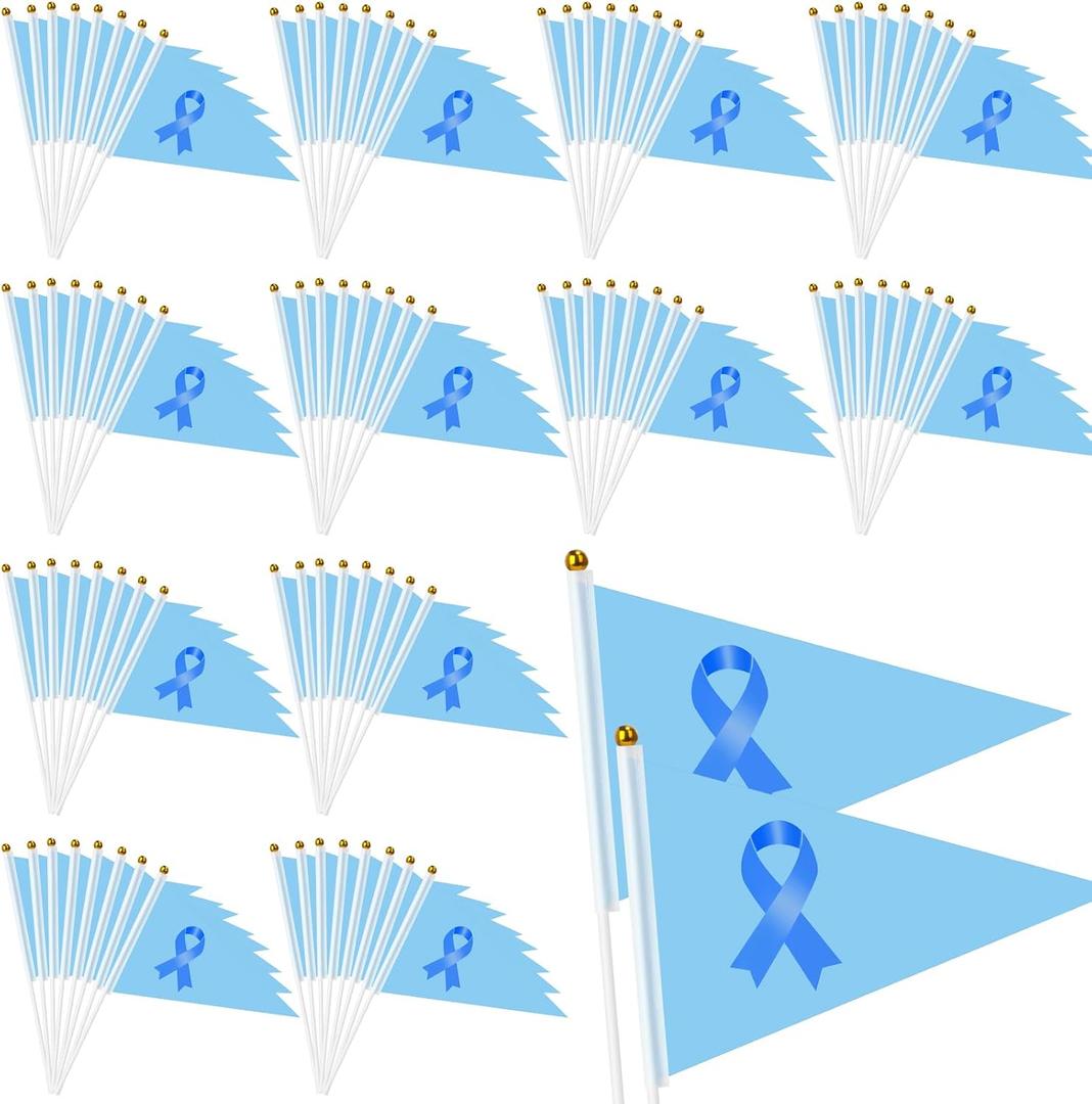 Remagr 100 Pcs Colon Cancer Awareness Hand Flags, Blue Ribbon Small Waving Flags with PVC Sticks for Parades, Charity Events & Support Campaigns