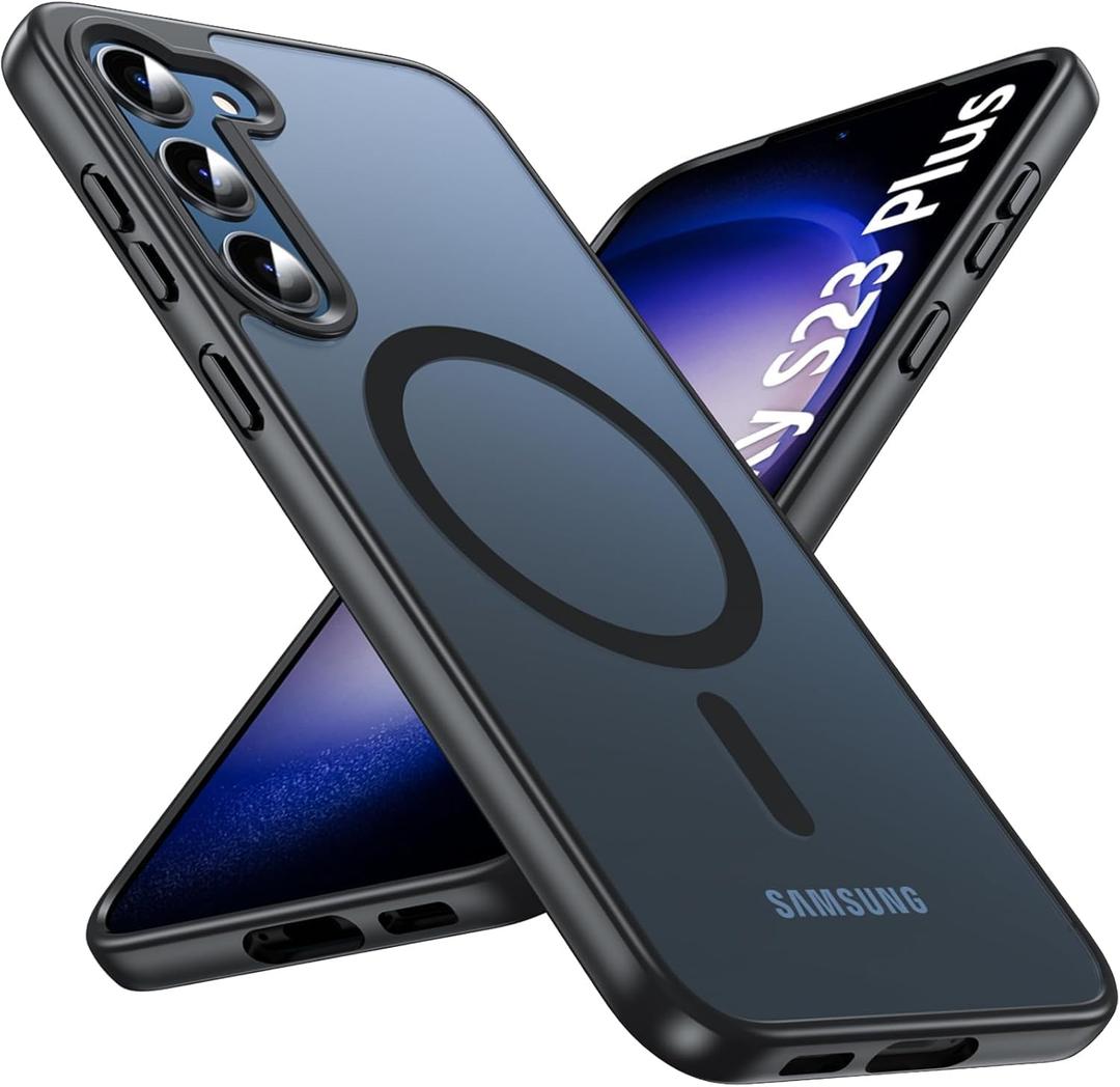 OWKEY for Samsung Galaxy S23 Plus Case 6.6'', Magnetic S23 Plus Case Compatible with Magsafe, [Military Grade Shockproof] Translucent Back Slim Bumper Cover Phone Case, Black