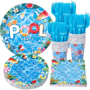 Pool Party Supplies, Summer Decorations include Pool Party Plates, Napkins, Cups and Forks, Pool Decorations Tableware Set for Birthday, Baby Shower, Serves 24