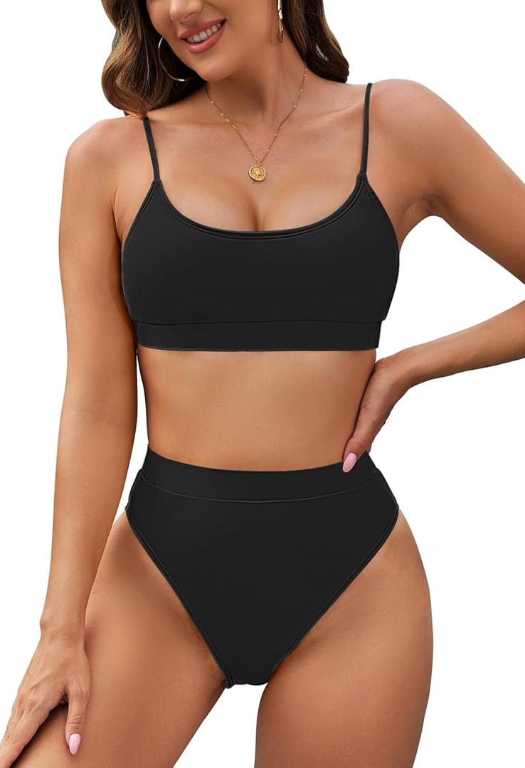 Pink Queen Plus Size High Waisted Bikini Set for Women Two Piece Cheeky High Cut Swimsuit Bathing Suit White M (Large, Black)