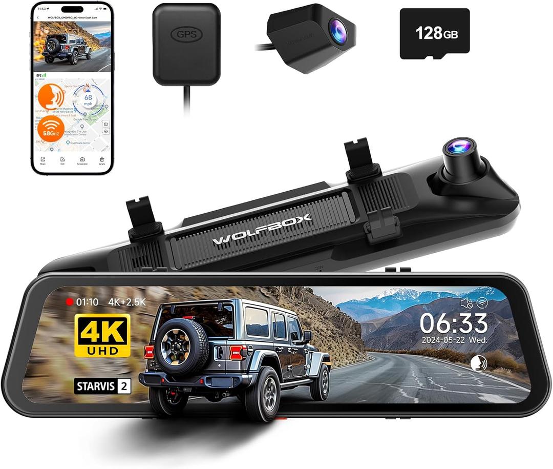 WOLFBOX G900 PRO Mirror Dash Cam with 8MP STARVIS IMX678, 12 inches Rear View Mirror Camera with Front 4K and Rear 2.5K, Included 128GB Card, Voice Control, 5.8GHz WiFi, Loop Recording, G-Sensor & GPS