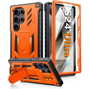 FNTCASE for Samsung Galaxy S24-Ultra Case: Military Grade Drop Proof Protection Cases with Kickstand | Shockproof Rugged Hard Phonecase Heavy Duty Matte Textured Protective Cover - 6.8 Inch Orange