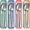 Yinkin 4 Pack Portable Travel Utensils Set with Case Reusable Stainless Steel Silverware Flatware Camping Cutlery Include Fork Spoon Knife for Work School Dishwasher Safe (Pastel Color)