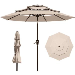 10FT Patio Umbrella 3 Tiers Outdoor Market Umbrella w/Push Button Tilt, Crank, UV and Waterproof Table Umbrella for Garden, Pool, Backyard, Deck, Lawn, Beige