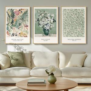 Framed Large Sage Green Vintage Matisse Wall Art Set, 3 Piece Canvas Famous Painting, Artwork for Walls, Modern Floral Botanical Wall Decor, 30x60 Inch, Living Room, Bedroom, Home Office