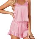 Vrtige Women's Satin Pajamas Set 3 Piece Cami Top and Shorts with Robe Sleepwear Set (Pink, XXL)