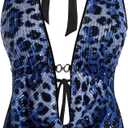 Verdusa Women's Cheetah Print Sequin Top Y2K Tie Back Corset Halter Going Out Crop Tops, Size S