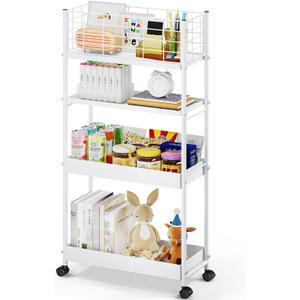 KINGRACK Slim Storage Cart, 4-Tier Metal Utility Rolling Cart with Wheels, Narrow Mobile Shelving Unit, Bathroom Storage Organizer, for Office, Kitchen Bathroom, Laundry Room, Narrow Places, White