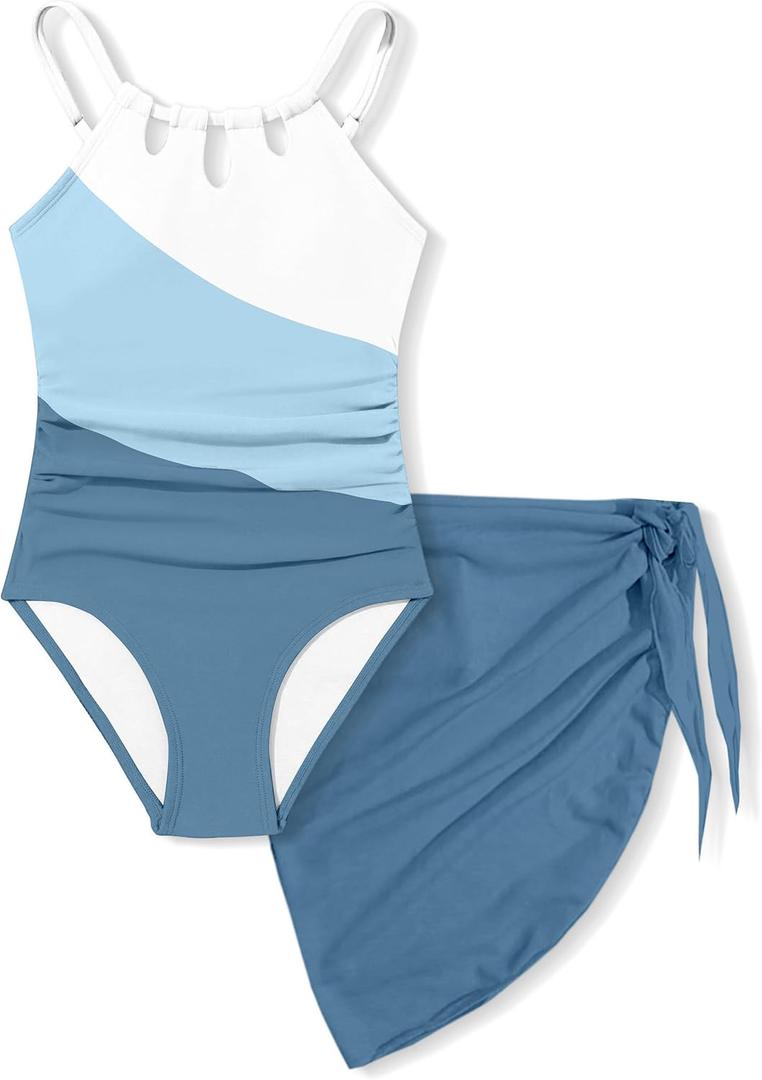 KANGKANG Girls Swimsuit Quick Dry Cut Out One Piece Swimsuits with Tropical Print Cover Up Skirt Bathing Suit Swimwear 7-18Y (13-14 Years, White+Dark Blue)