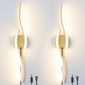 Daunton Modern Gold Plug in Wall Sconce Set of 2, Indoor Dimmable Light Fixture with Plug in Cord for Living Room, LED Sconces Lighting with Remote Control, Wall Lighting Decor for Hallway Bedroom
