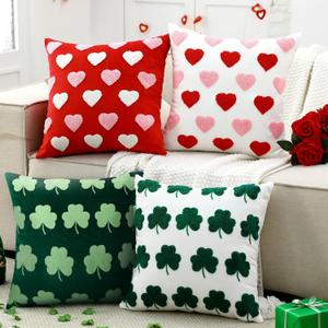 Oudain 4 Pcs St Patricks Day Pillow Covers 18x18 Inch Embroidery Shamrock Pillow Covers Valentine Cushion Cover Soft Holland Cloth St. Patrick Home Decor for Home Couch Sofa Bedroom Holiday Decor