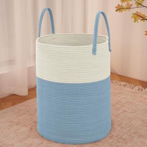 JMvicyroam Large Woven Laundry Basket Hamper,80L Cotton Rope Storage Bin for Blankets,Toys and Clothes,Decorative Tall Nursery Hamper for Living Room,Baby Nursery,Bathroom and Bedroom,White and Blue