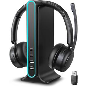 Bluetooth Headset, Wireless Headset with Mic for Work, Qualcomm Dongle, 5.4 Headsets with Microphone for Work, Wireless Noise Cancelling Headphones (Black)