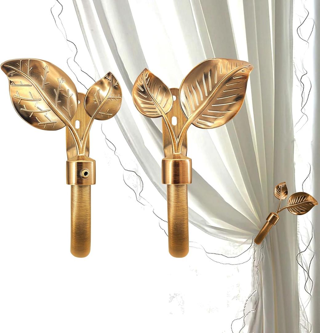 Antique Gold Leaf Curtain Holdbacks, Set of 2 - Wall Mounted Metal Tiebacks, Hooks for Heavy Duty Drape, Ease of Installation