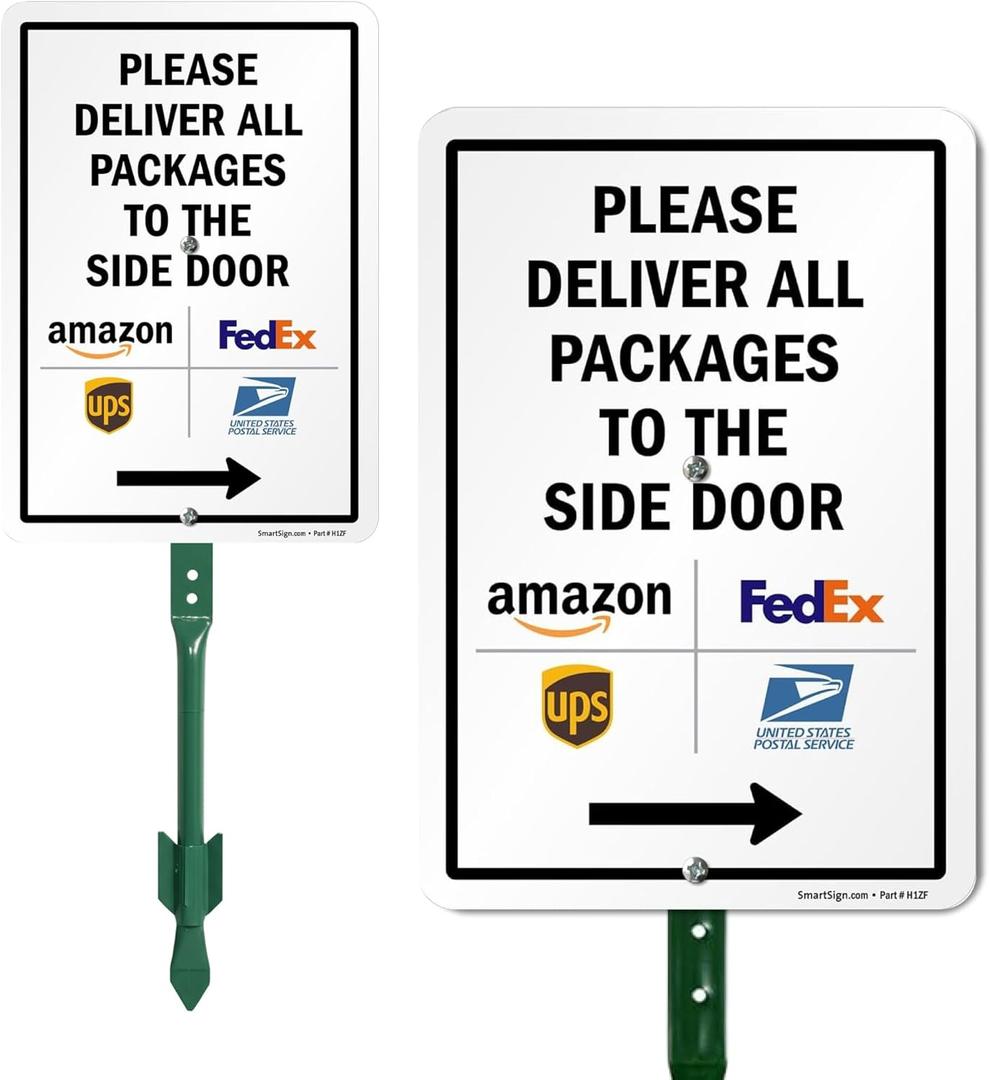 SmartSign Please Deliver All Packages to The Side Door Right Arrow Yard Sign, 10 x 7 inch, 40 mil Laminated Rustproof Aluminum, 21.5 inch Tall Sign & Stake Kit, Multicolor